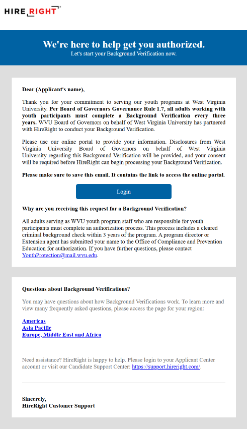 Example email from HireRight, thanking you for your commitment to serving WVU youth programs and providing a link to your background screening.