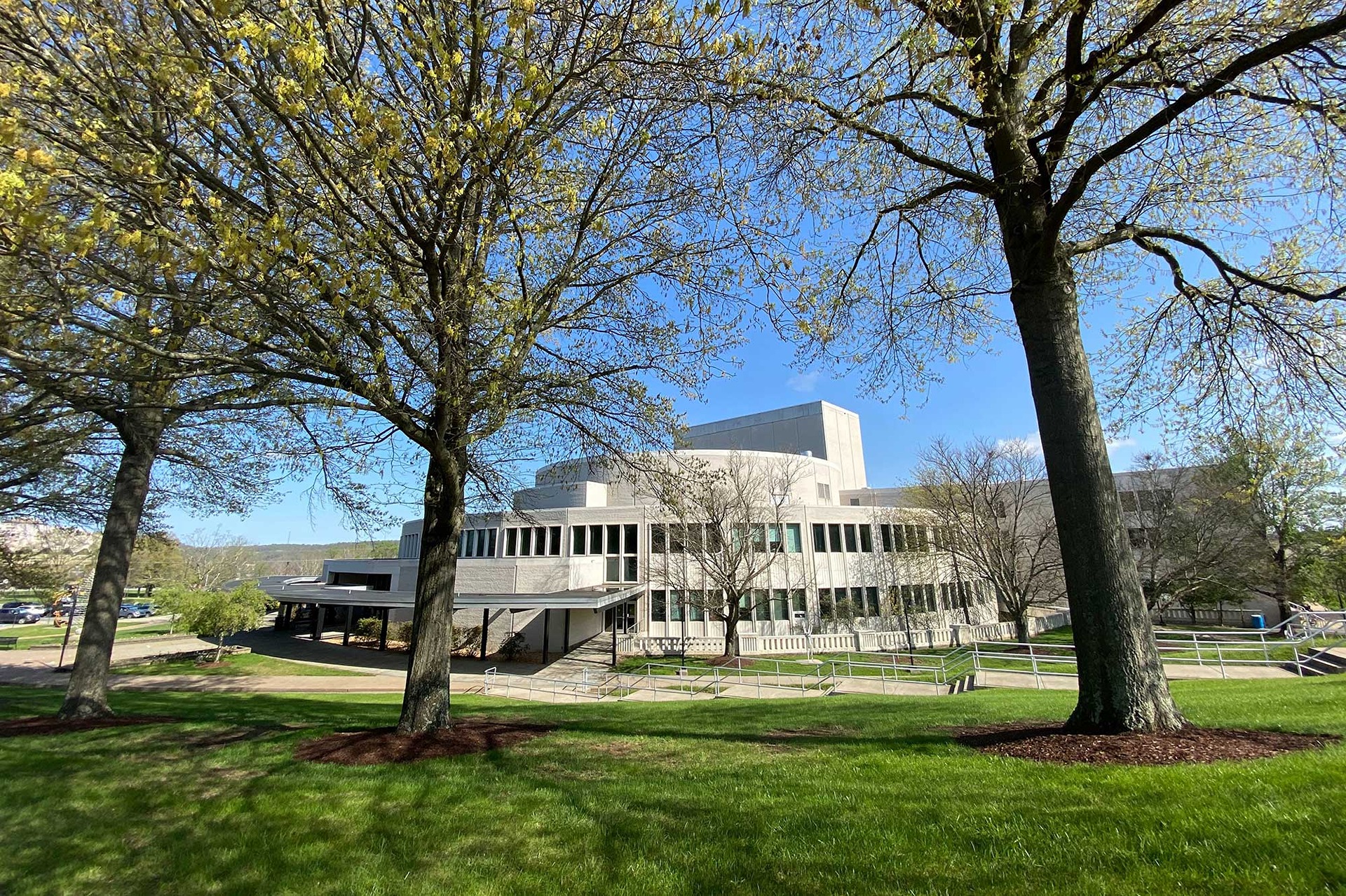 View of Creative Arts Center from a distance on a spring day