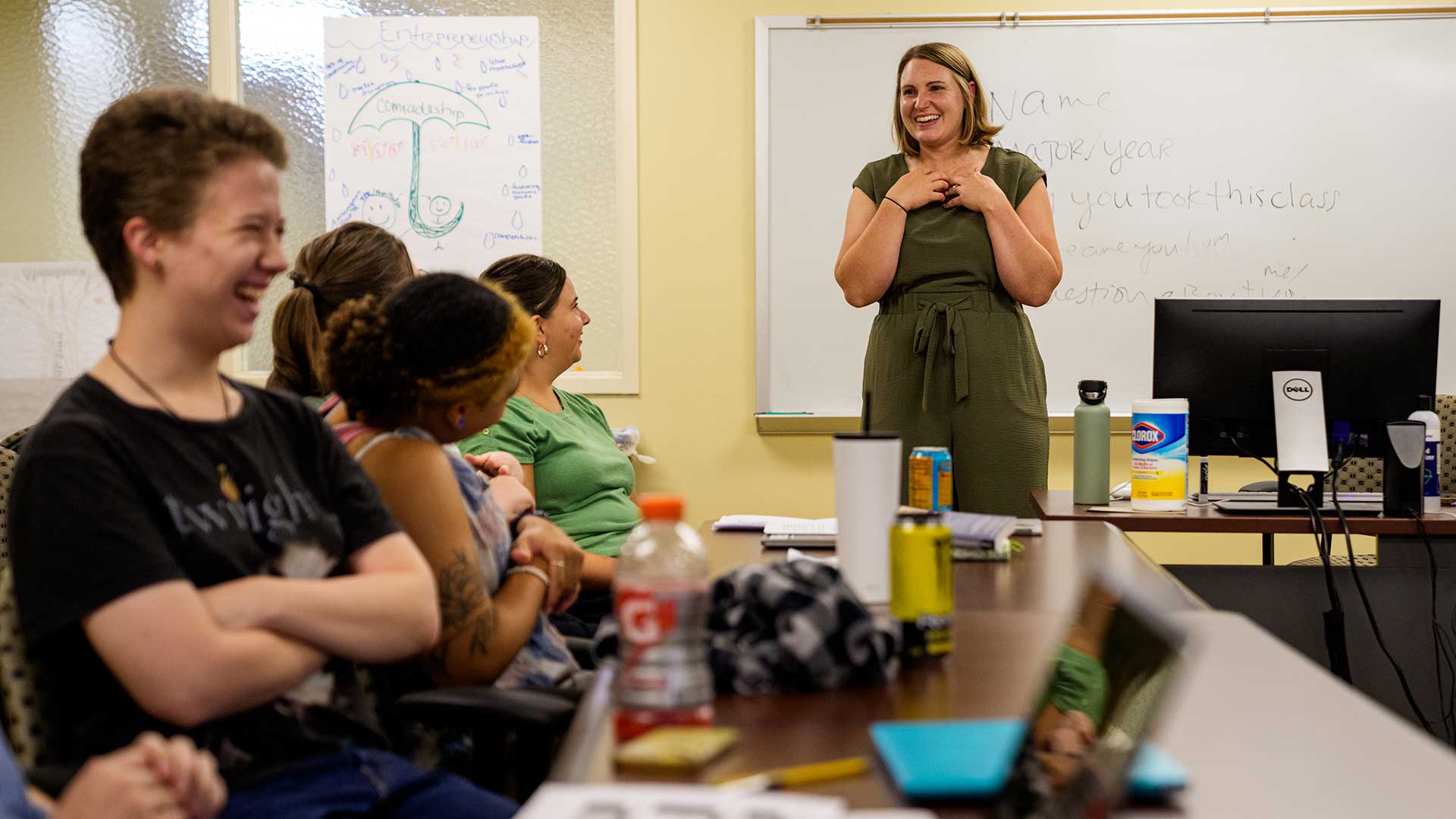 Faculty member Erin Brock Carlson teaches a writing class in Colson Hall