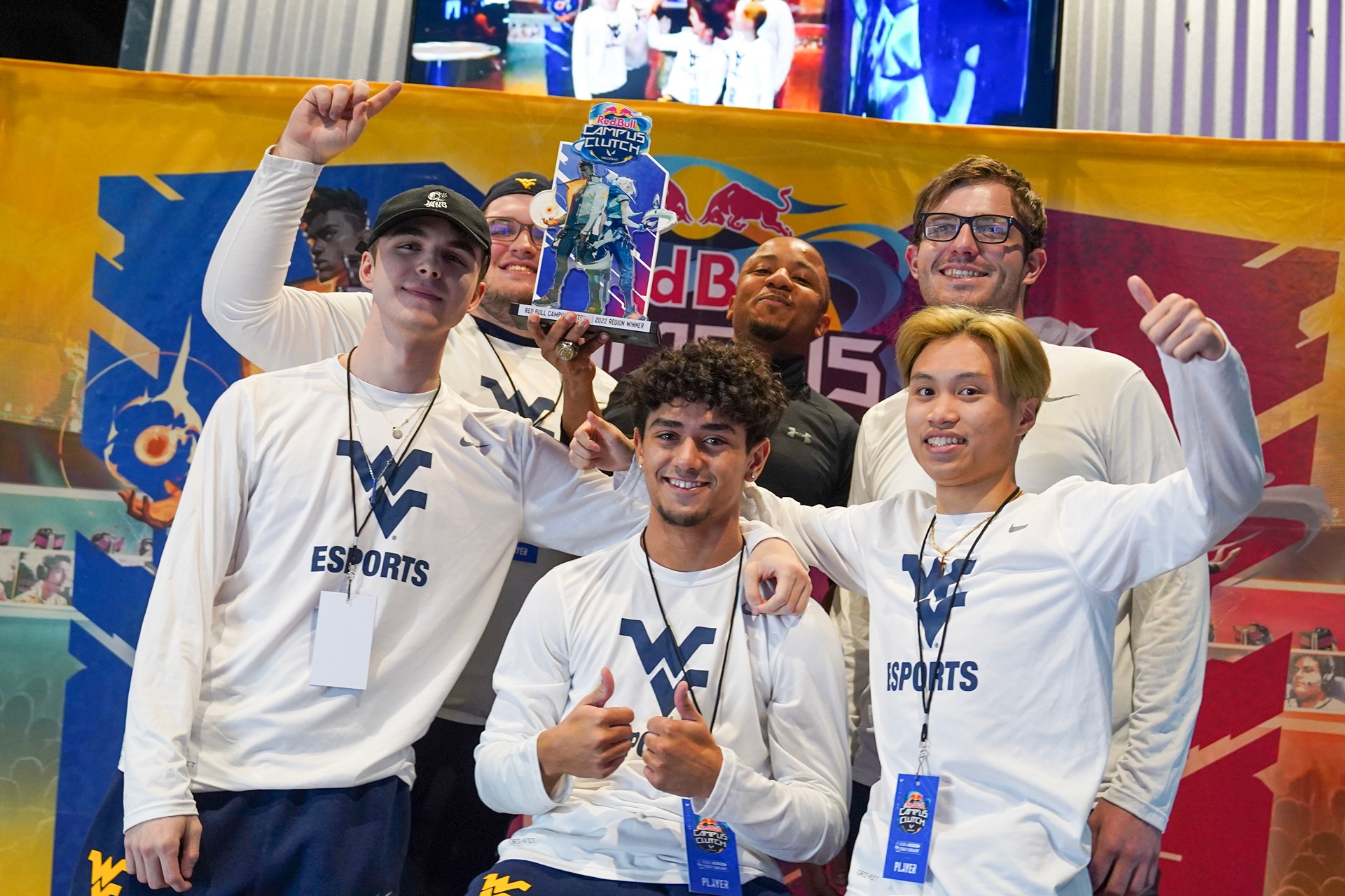 WVU Esports team poses with Red Bull Campus Clutch trophy.