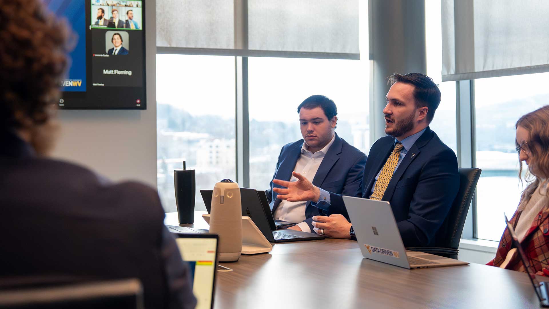 Joshua Meadows leads class in the John B. and Lynne F. Gianola Family conference room in Reynolds Hall