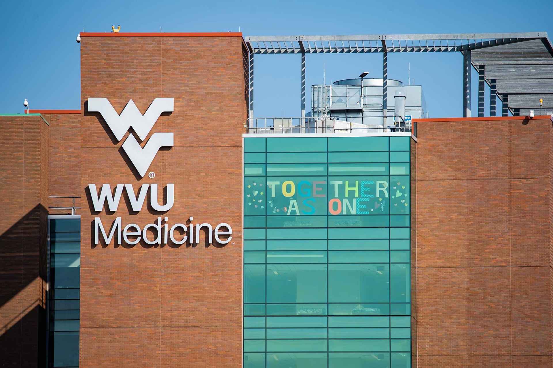 "Together As One" message displayed on WVU Medicine Ruby Memorial