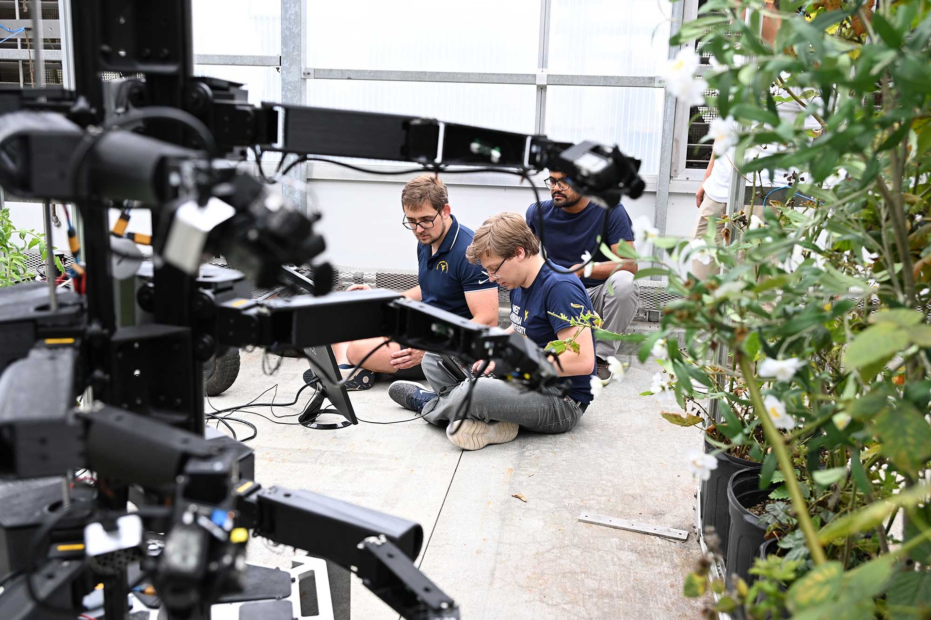 Students working on a pollinator robot in a greenhouse.