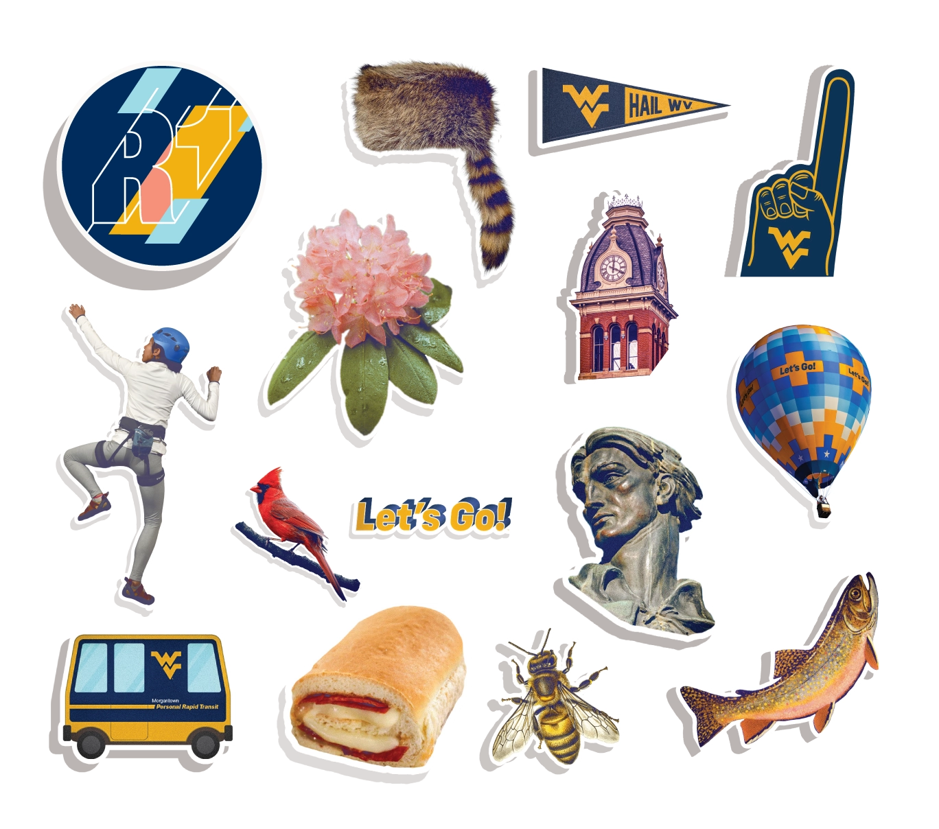 Various WVU sticker elements such as a coonskin cap, Woodburn clock tower, and our state animals.