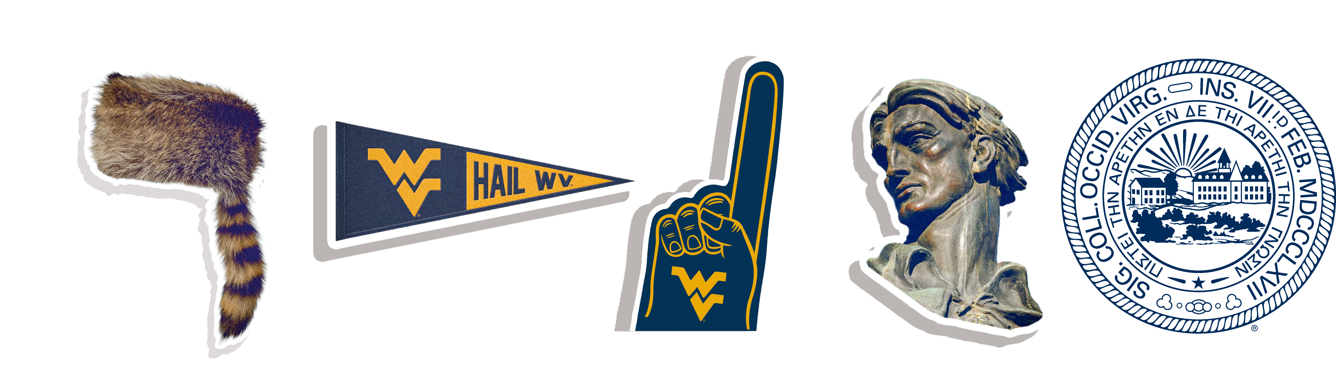 WVU stickers including the coonskin hat, fan flag, foam finger, Mountaineer statue, and the University seal.
