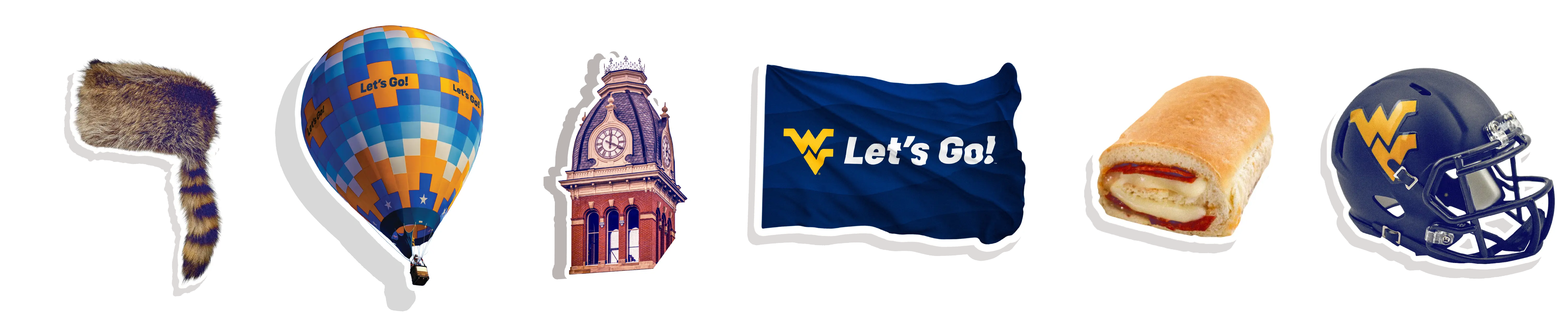 WVU stickers including the hot air balloon, Let's Go flag, Woodburn clock tower, Coonskin hat, Pepperoni roll, Football helmet.