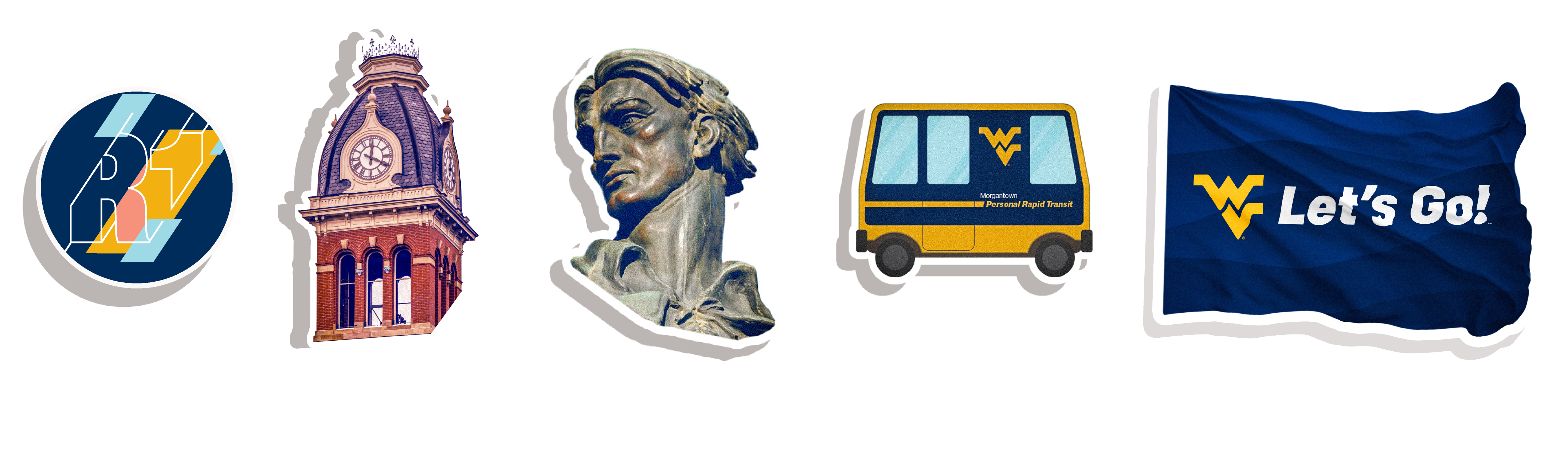 WVU stickers including the R1, Woodburn clock tower, Mountaineer statue,  PRT, 'Let's GO!' flag.