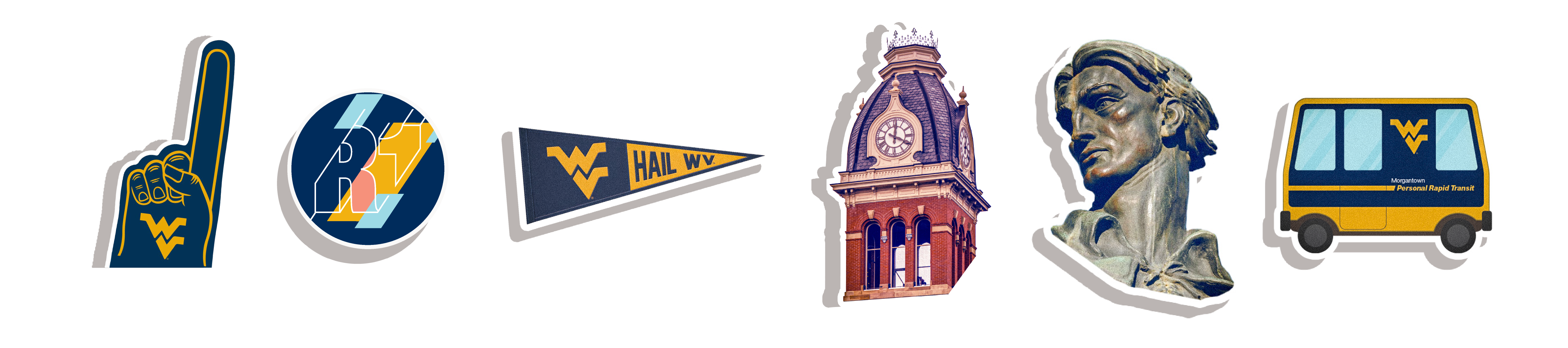 WVU stickers including the foam finger, R1 tag, fan flag, woodburn clock tower, mountaineer statue, and PRT.