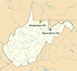 County map of WV with Morgantown, WV and Mount Storm, WV pinned on the northern and north eastern portions of the map.