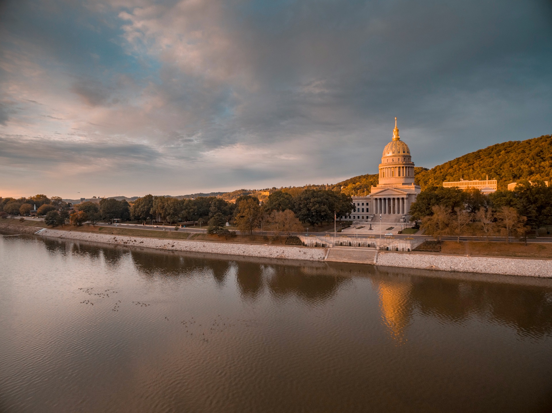 West Virginia State Capitol overlooking the Kanawha River in Charleston.