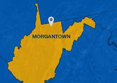 A map showing the location of the WVU main campus, just below the northern border and between the two panhandles.
